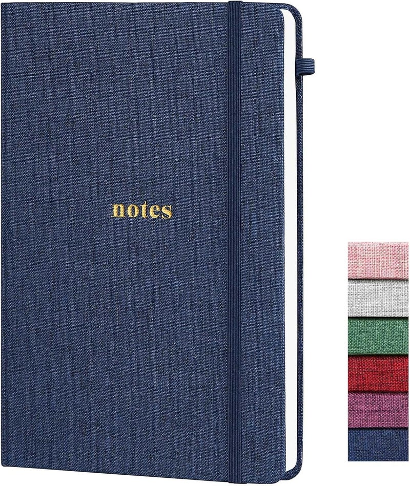 TSFPapier A5 Lined Journal Notebook – Hardcover Fabric Cover 160 Pages 100 GSM Thick Paper With Elastic Band & Pen Holder College Ruled Writing Notebooks for Work School Travel Dark Blue - Image 1